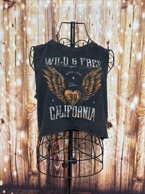 Hollister Black Graphic Crop Tank with Gold Winged Heart